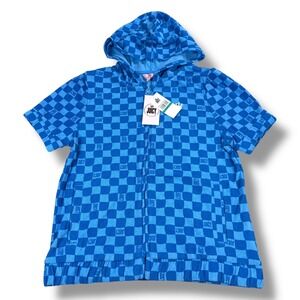 NWT Juicy Couture Terry Hoodie Girl's XL(16)‎ Blue Checkered Short Sleeve Zip Up